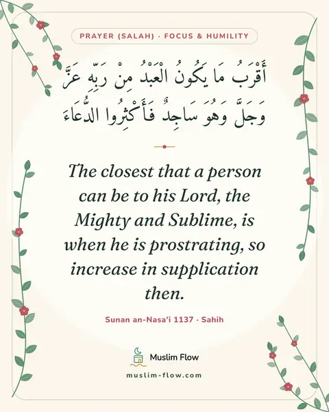 Sunan an-Nasa'i 1137 · Sahih: The closest that a person can be to his Lord, the Mighty and Sublime, is when he is prostrating, so…