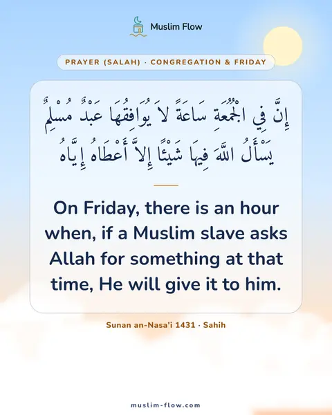 Sunan an-Nasa'i 1431 · Sahih: On Friday, there is an hour when, if a Muslim slave asks Allah for something at that time, He will…