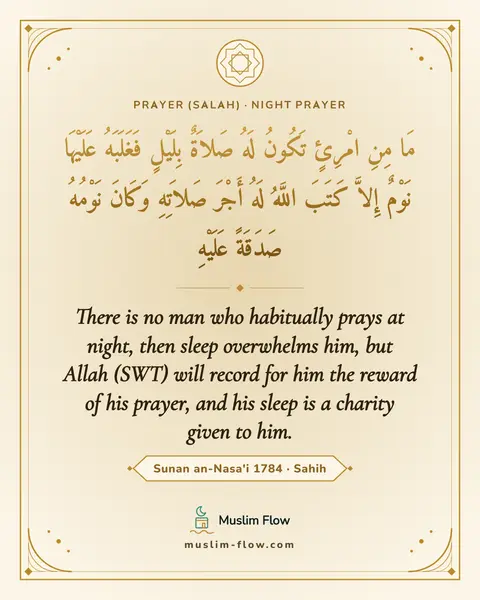 Sunan an-Nasa'i 1784 · Sahih: There is no man who habitually prays at night, then sleep overwhelms him, but Allah (SWT) will…