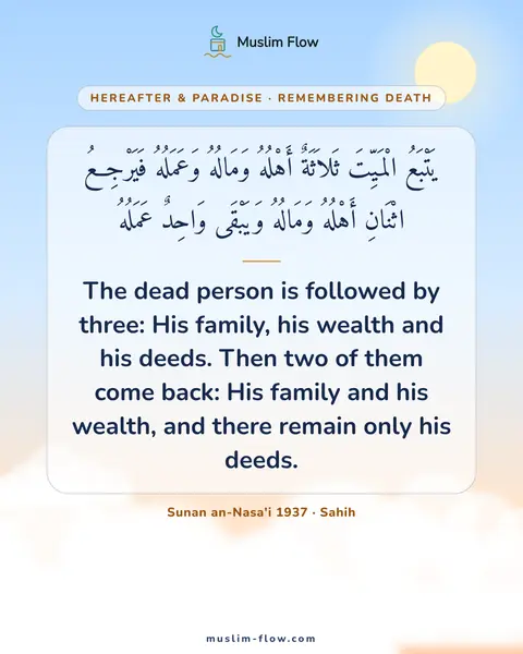 Sunan an-Nasa'i 1937 · Sahih: The dead person is followed by three: His family, his wealth and his deeds. Then two of them come…