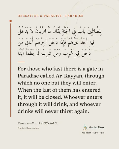Sunan an-Nasa'i 2236 · Sahih: For those who fast there is a gate in Paradise called Ar-Rayyan, through which no one but they will…