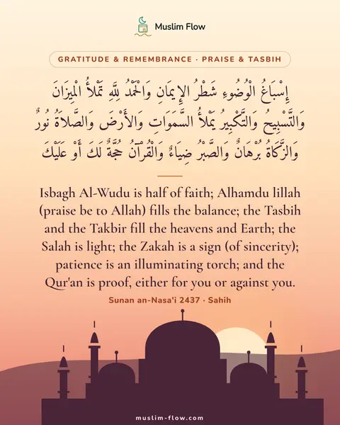 Sunan an-Nasa'i 2437 · Sahih: Isbagh Al-Wudu is half of faith; Alhamdu lillah (praise be to Allah) fills the balance; the Tasbih…
