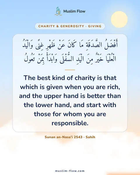 Sunan an-Nasa'i 2543 · Sahih: The best kind of charity is that which is given when you are rich, and the upper hand is better…