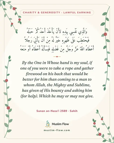 Sunan an-Nasa'i 2589 · Sahih: By the One in Whose hand is my soul, if one of you were to take a rope and gather firewood on his…