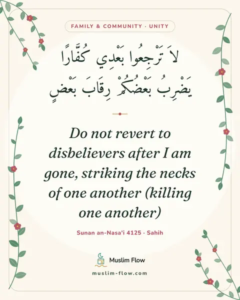 Sunan an-Nasa'i 4125 · Sahih: Do not revert to disbelievers after I am gone, striking the necks of one another (killing one…
