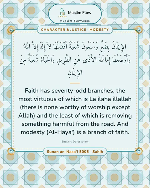 Sunan an-Nasa'i 5005 · Sahih: Faith has seventy-odd branches, the most virtuous of which is La ilaha illallah (there is none…