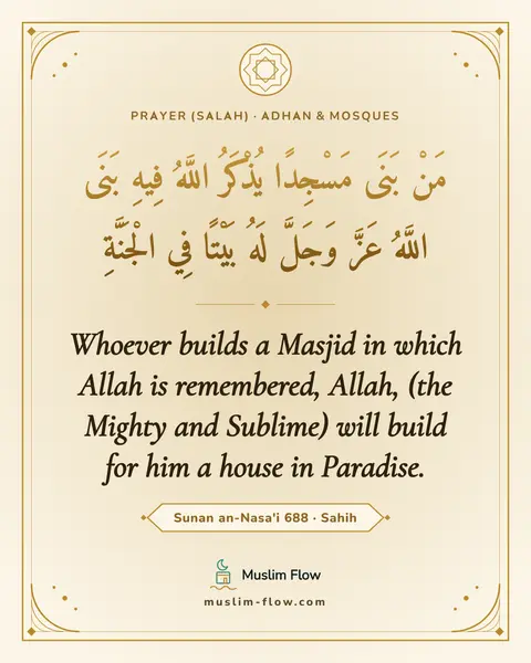 Sunan an-Nasa'i 688 · Sahih: Whoever builds a Masjid in which Allah is remembered, Allah, (the Mighty and Sublime) will build…