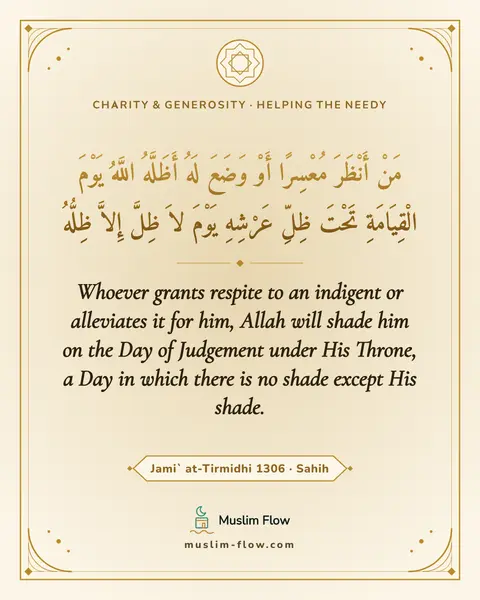 Jami` at-Tirmidhi 1306 · Sahih: Whoever grants respite to an indigent or alleviates it for him, Allah will shade him on the Day of…