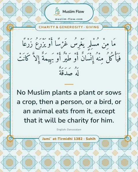 Jami` at-Tirmidhi 1382 · Sahih: No Muslim plants a plant or sows a crop, then a person, or a bird, or an animal eats from it…