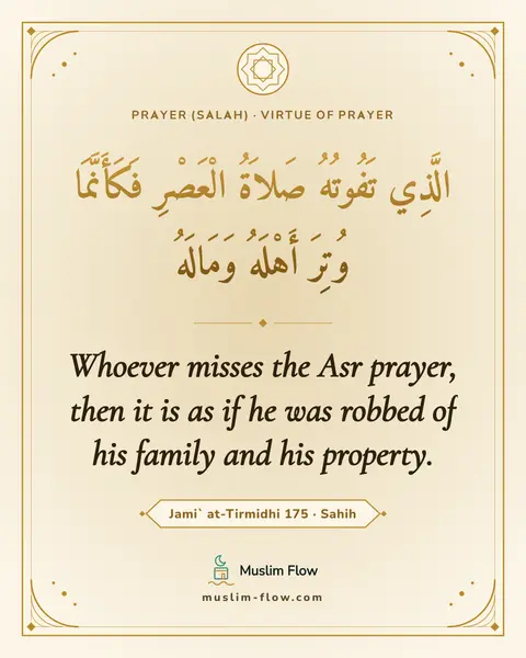 Jami` at-Tirmidhi 175 · Sahih: Whoever misses the Asr prayer, then it is as if he was robbed of his family and his property.