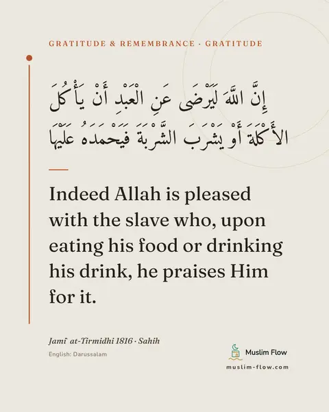 Jami` at-Tirmidhi 1816 · Sahih: Indeed Allah is pleased with the slave who, upon eating his food or drinking his drink, he praises…