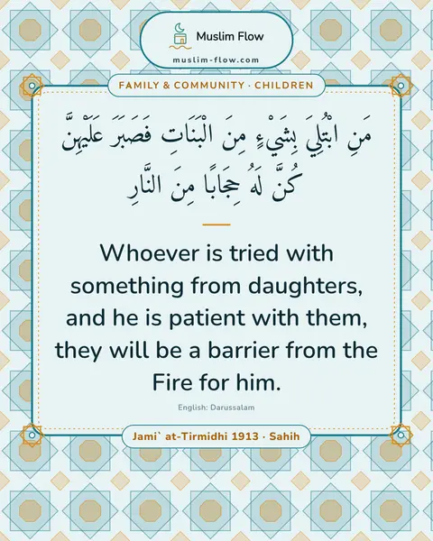 Jami` at-Tirmidhi 1913 · Sahih: Whoever is tried with something from daughters, and he is patient with them, they will be a barrier…