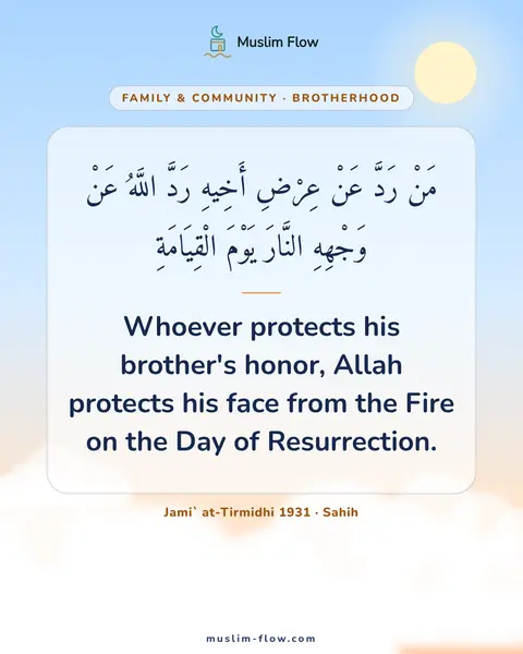 Jami` at-Tirmidhi 1931 · Sahih: Whoever protects his brother's honor, Allah protects his face from the Fire on the Day of…