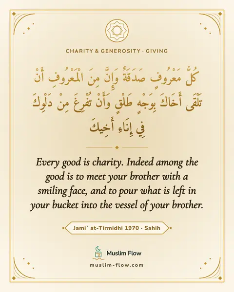Jami` at-Tirmidhi 1970 · Sahih: Every good is charity. Indeed among the good is to meet your brother with a smiling face, and to…