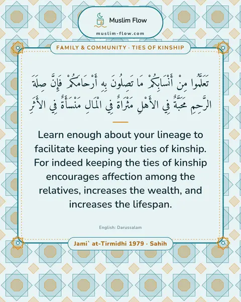 Jami` at-Tirmidhi 1979 · Sahih: Learn enough about your lineage to facilitate keeping your ties of kinship. For indeed keeping the…