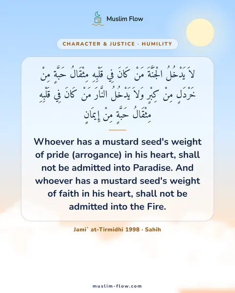Jami` at-Tirmidhi 1998 · Sahih: Whoever has a mustard seed's weight of pride (arrogance) in his heart, shall not be admitted into…