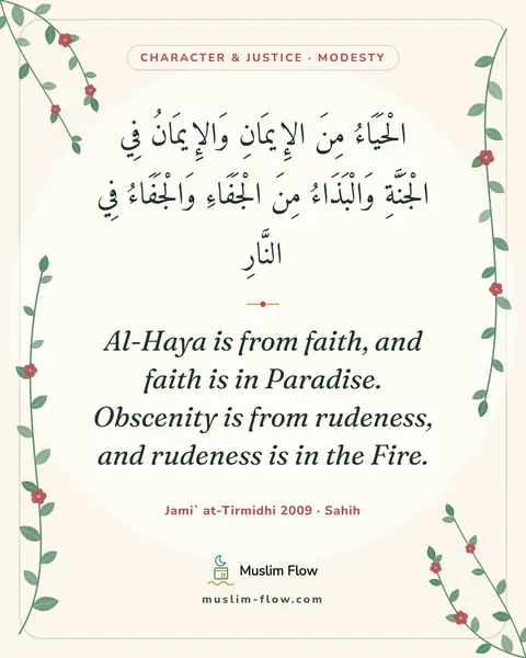 Jami` at-Tirmidhi 2009 · Sahih: Al-Haya is from faith, and faith is in Paradise. Obscenity is from rudeness, and rudeness is in the…