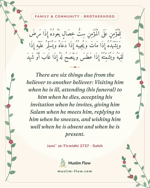 Jami` at-Tirmidhi 2737 · Sahih: There are six things due from the believer to another believer: Visiting him when he is ill…