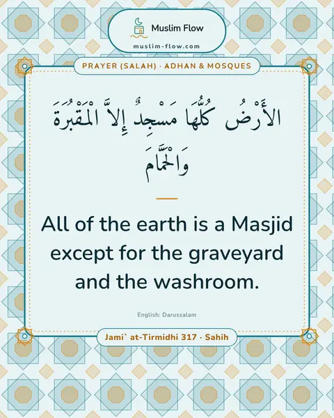 Jami` at-Tirmidhi 317 · Sahih: All of the earth is a Masjid except for the graveyard and the washroom.