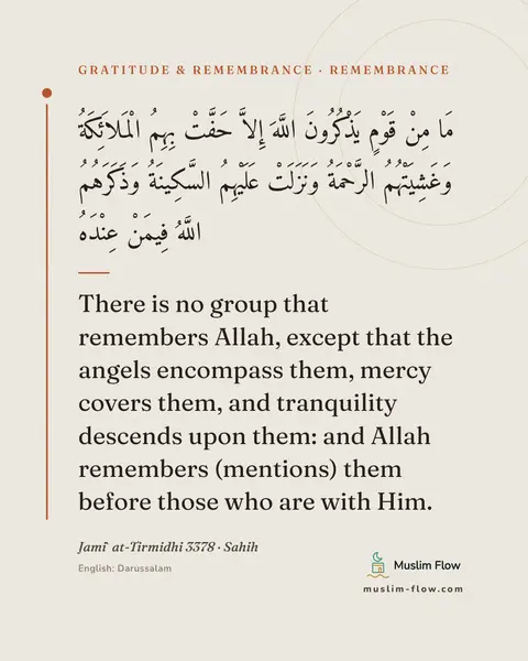 Jami` at-Tirmidhi 3378 · Sahih: There is no group that remembers Allah, except that the angels encompass them, mercy covers them…