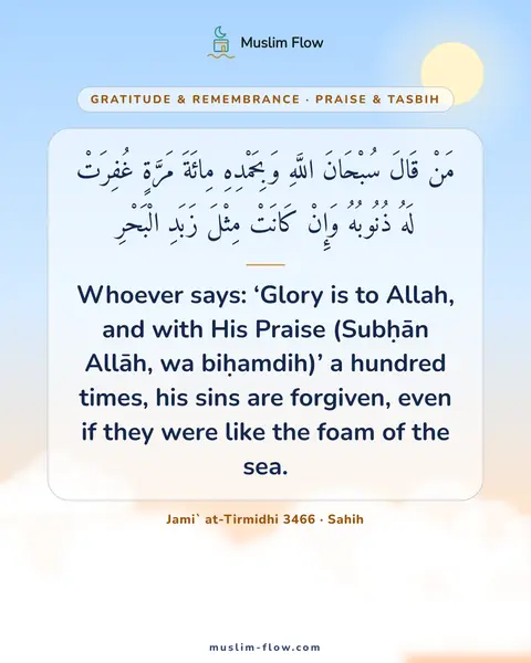Jami` at-Tirmidhi 3466 · Sahih: Whoever says: ‘Glory is to Allah, and with His Praise (Subḥān Allāh, wa biḥamdih)’ a hundred times…