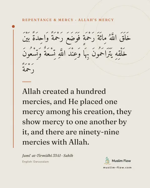 Jami` at-Tirmidhi 3541 · Sahih: Allah created a hundred mercies, and He placed one mercy among his creation, they show mercy to one…