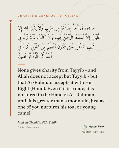 Jami` at-Tirmidhi 661 · Sahih: None gives charity from Tayyib - and Allah does not accept but Tayyib - but that Ar-Rahman accepts…