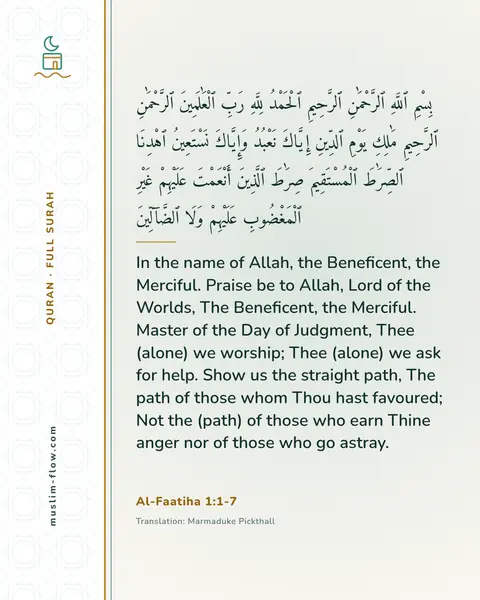 Al-Faatiha 1:1-7: In the name of Allah, the Beneficent, the Merciful. Praise be to Allah, Lord of the Worlds, The…