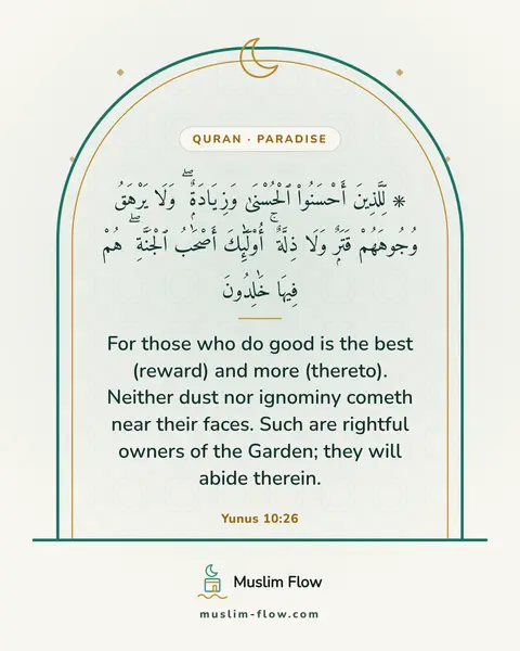 Yunus 10:26: For those who do good is the best (reward) and more (thereto). Neither dust nor ignominy cometh…