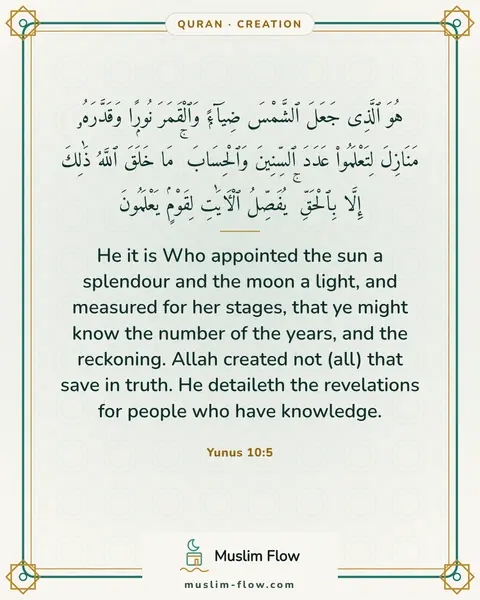 Yunus 10:5: He it is Who appointed the sun a splendour and the moon a light, and measured for her stages, that…