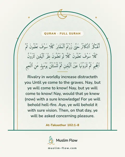At-Takaathur 102:1-8: Rivalry in worldly increase distracteth you Until ye come to the graves. Nay, but ye will come to…
