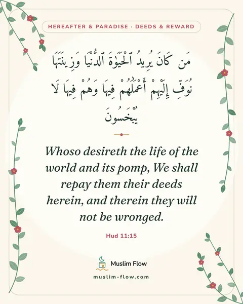 Hud 11:15: Whoso desireth the life of the world and its pomp, We shall repay them their deeds herein, and…