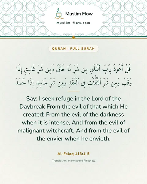 Al-Falaq 113:1-5: Say: I seek refuge in the Lord of the Daybreak From the evil of that which He created; From the…