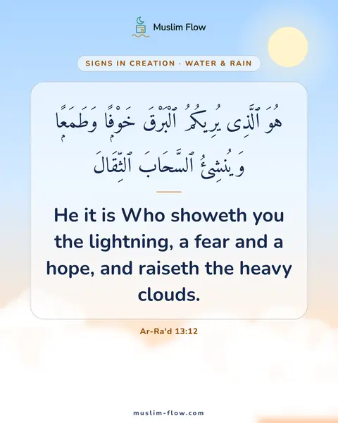 Ar-Ra'd 13:12: He it is Who showeth you the lightning, a fear and a hope, and raiseth the heavy clouds.