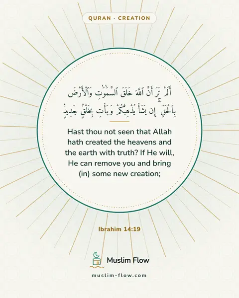 Ibrahim 14:19: Hast thou not seen that Allah hath created the heavens and the earth with truth? If He will, He can…
