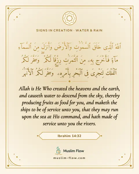 Ibrahim 14:32: Allah is He Who created the heavens and the earth, and causeth water to descend from the sky…