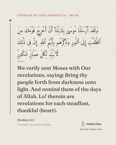 Ibrahim 14:5: We verily sent Moses with Our revelations, saying: Bring thy people forth from darkness unto light…