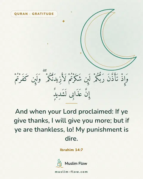 Ibrahim 14:7: And when your Lord proclaimed: If ye give thanks, I will give you more; but if ye are thankless…