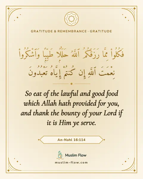 An-Nahl 16:114: So eat of the lawful and good food which Allah hath provided for you, and thank the bounty of your…
