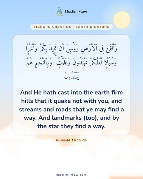 An-Nahl 16:15-16: And He hath cast into the earth firm hills that it quake not with you, and streams and roads that…