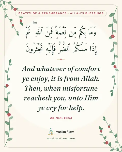An-Nahl 16:53: And whatever of comfort ye enjoy, it is from Allah. Then, when misfortune reacheth you, unto Him ye…