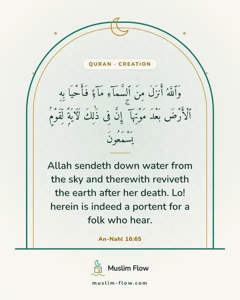 An-Nahl 16:65: Allah sendeth down water from the sky and therewith reviveth the earth after her death. Lo! herein…