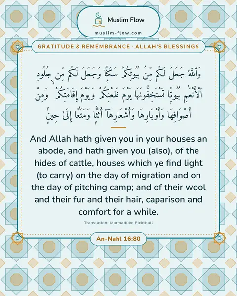 An-Nahl 16:80: And Allah hath given you in your houses an abode, and hath given you (also), of the hides of…