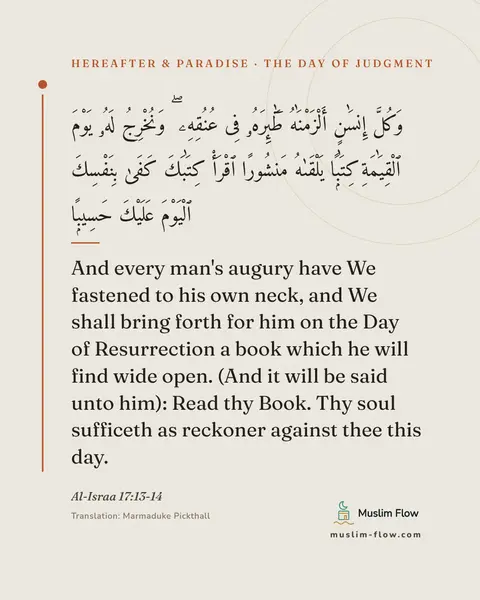 Al-Israa 17:13-14: And every man's augury have We fastened to his own neck, and We shall bring forth for him on the…