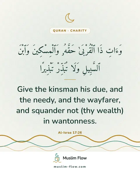 Al-Israa 17:26: Give the kinsman his due, and the needy, and the wayfarer, and squander not (thy wealth) in…