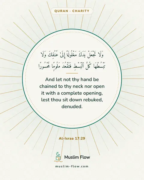 Al-Israa 17:29: And let not thy hand be chained to thy neck nor open it with a complete opening, lest thou sit down…