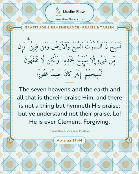 Al-Israa 17:44: The seven heavens and the earth and all that is therein praise Him, and there is not a thing but…