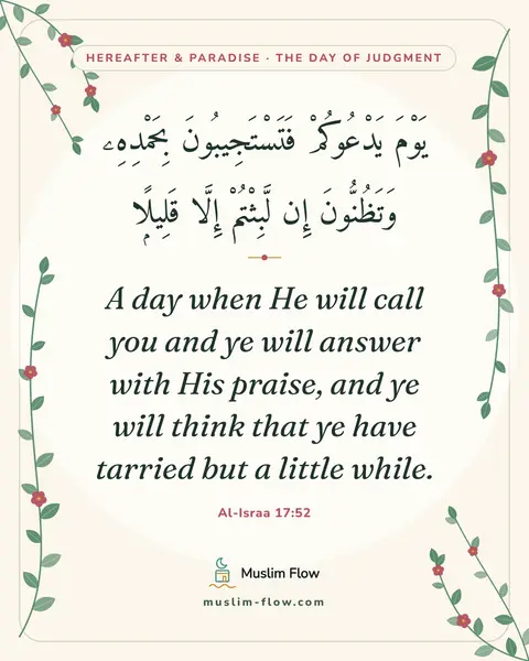 Al-Israa 17:52: A day when He will call you and ye will answer with His praise, and ye will think that ye have…