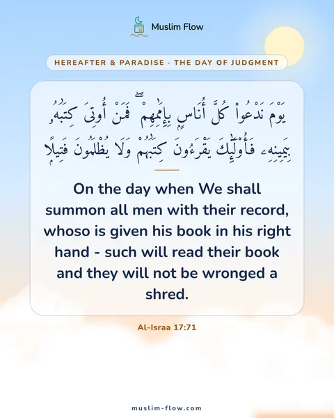 Al-Israa 17:71: On the day when We shall summon all men with their record, whoso is given his book in his right…