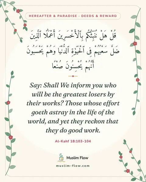 Al-Kahf 18:103-104: Say: Shall We inform you who will be the greatest losers by their works? Those whose effort goeth…